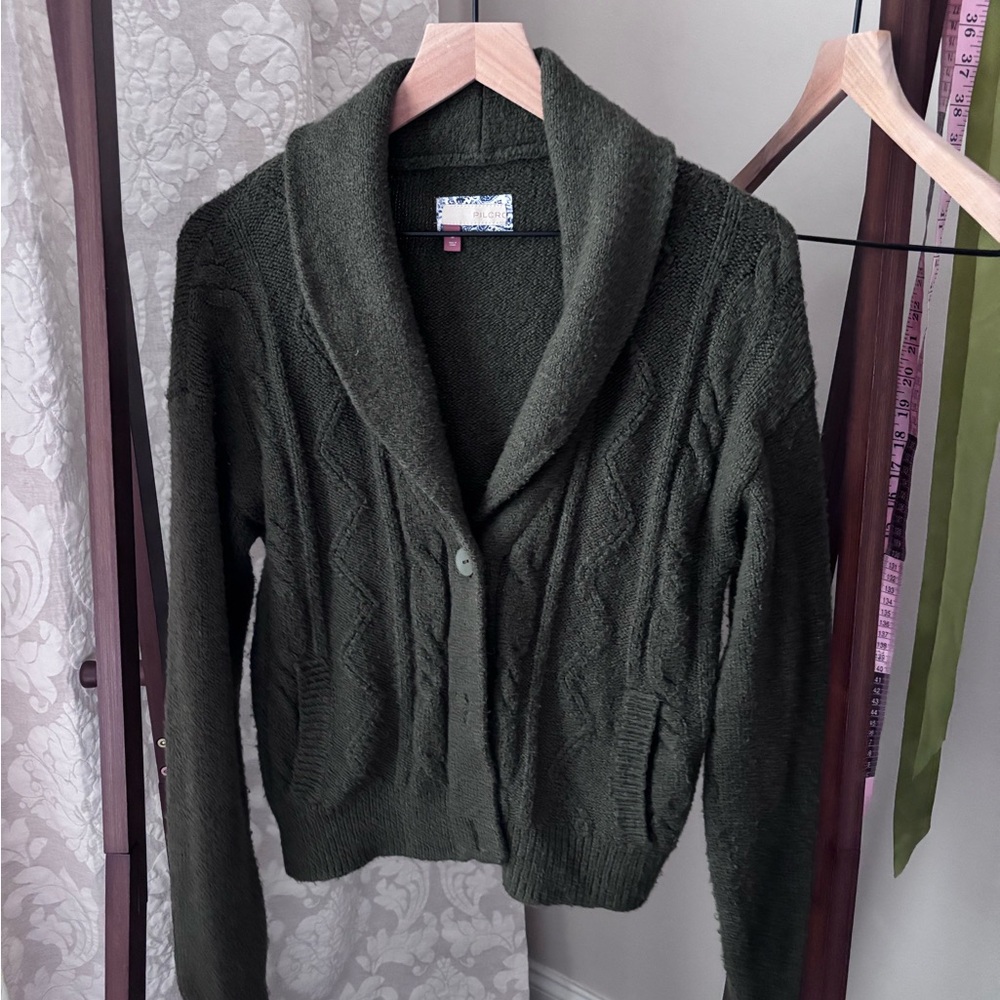 PILCRO/ANTHROPOLOGIE Olive Green Cable Knit Cardigan